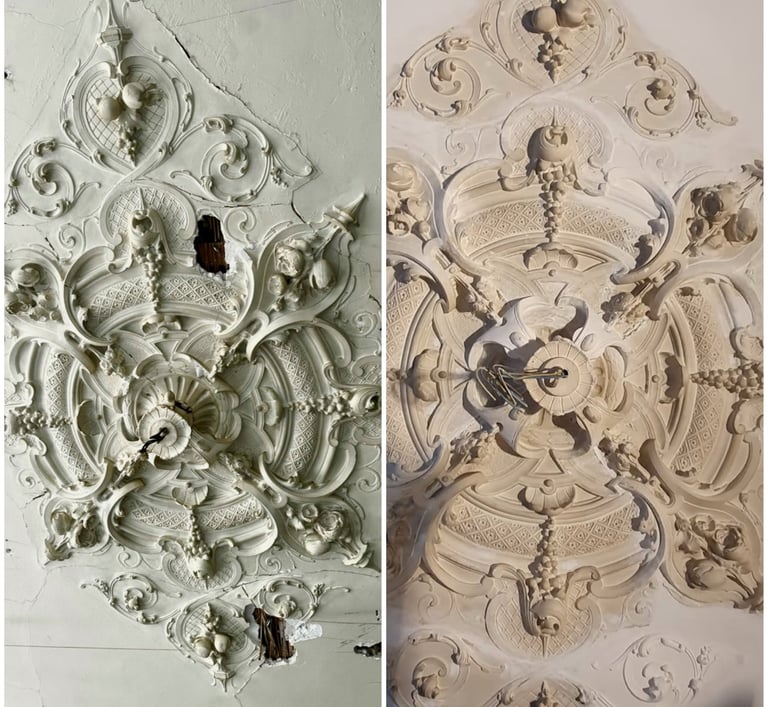 Ornamenten voor en na de restauratie in Delft