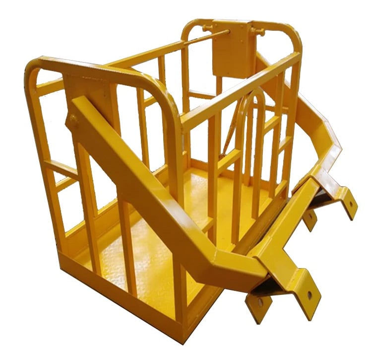A specialized yellow metal cage with handle and bars, intended for lorry loader crane Working Bucket.