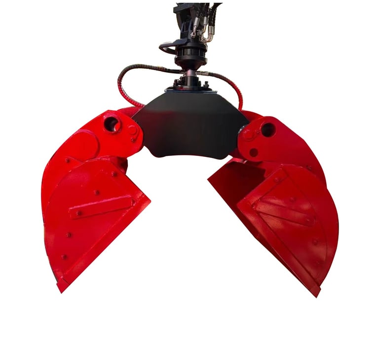 Red and black excavator with red bucket, mounted crane equipped with shell gripper for lifting sand.