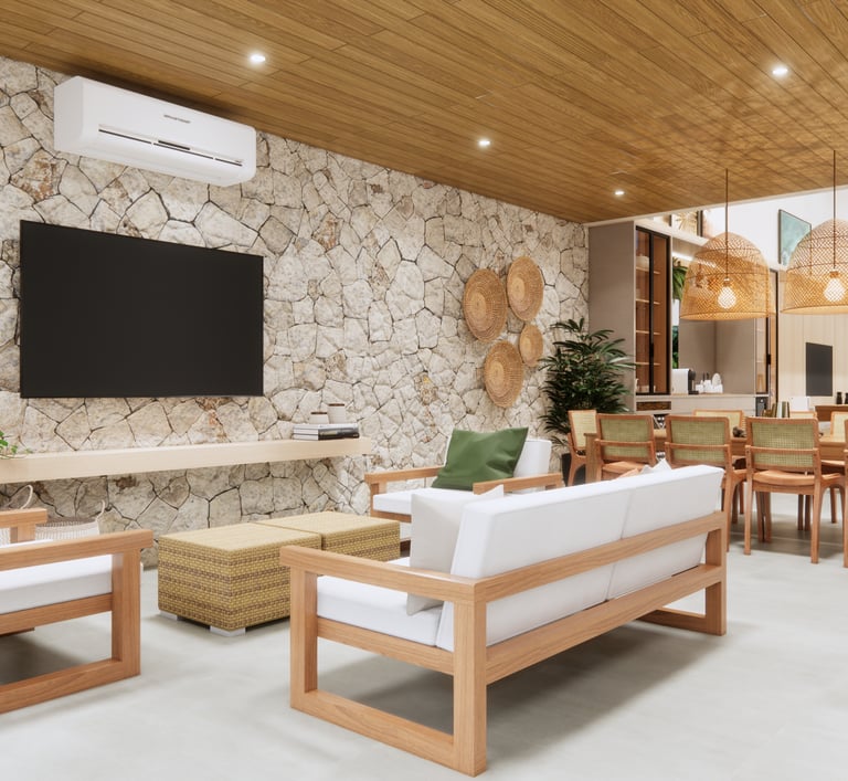 living e sala de jantar com decoração com fibra com forro de madeira decorado através de consultoria