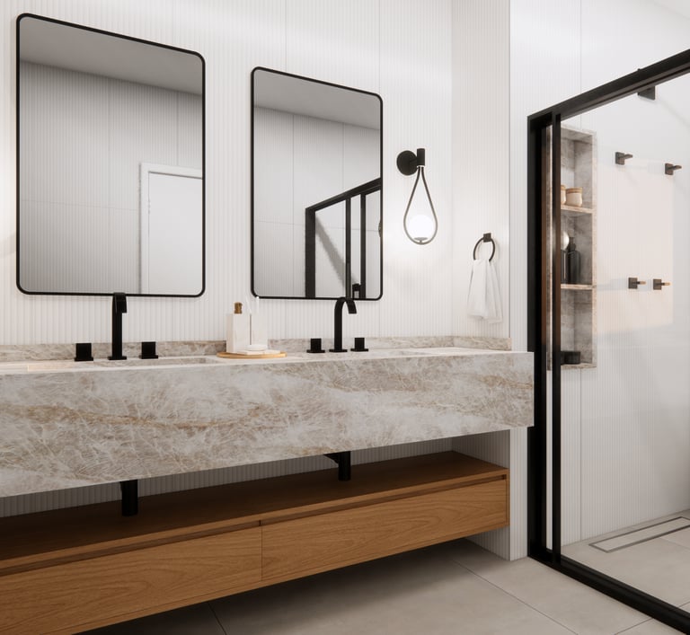 banheiro com duas pias com cores claras de um projeto de interiores