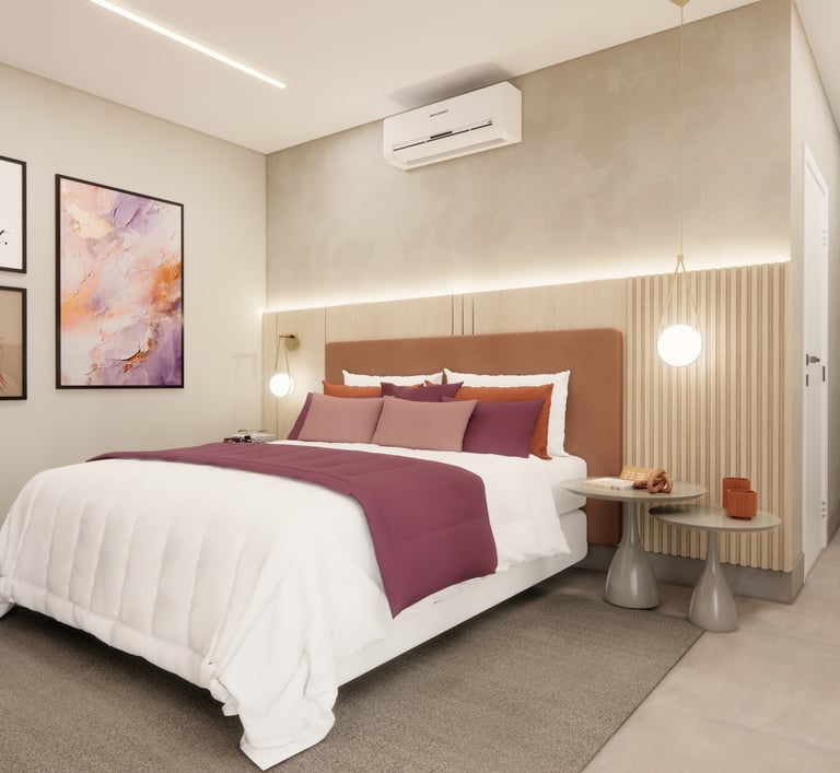 Quarto de casal decorado com elegância por meio de um projeto de design de interiores