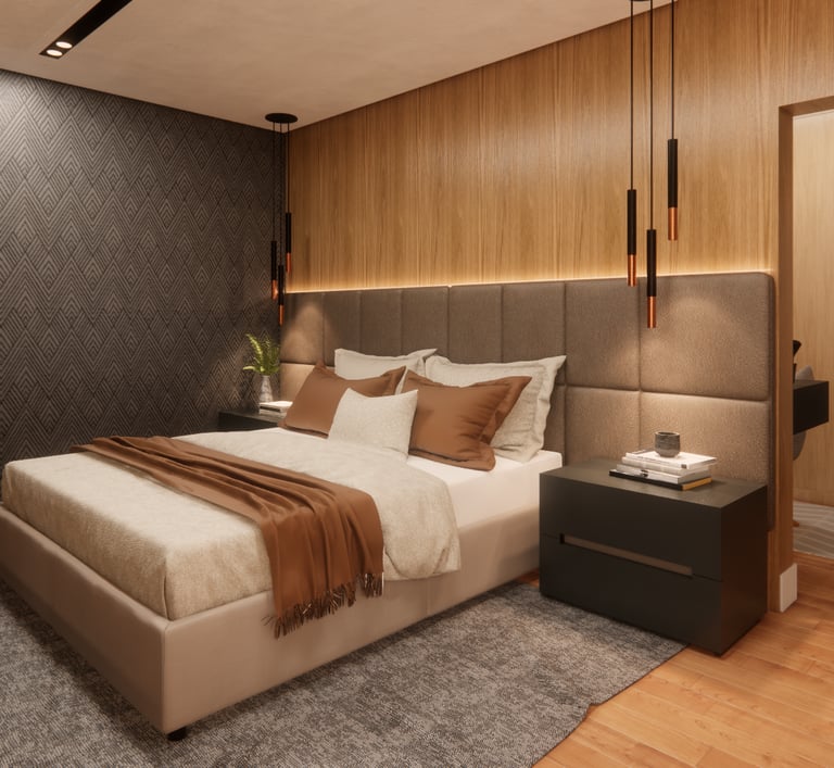 dormitorio casal com painel de madeira de uma consultoria de interiores