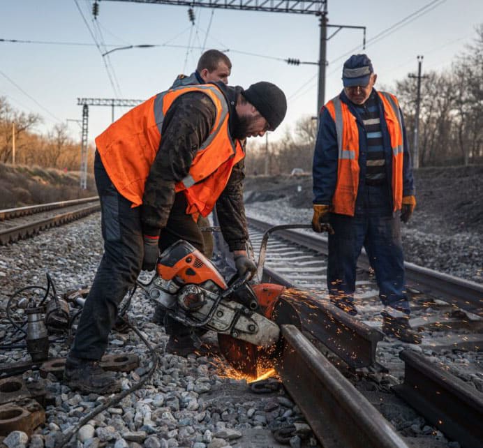 a man in a safety vest is cutting rail with ts800 cutting machine
