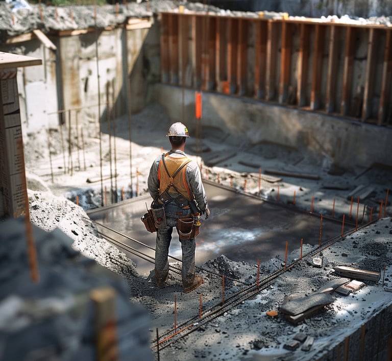 a construction worker is standing in a concrete slab