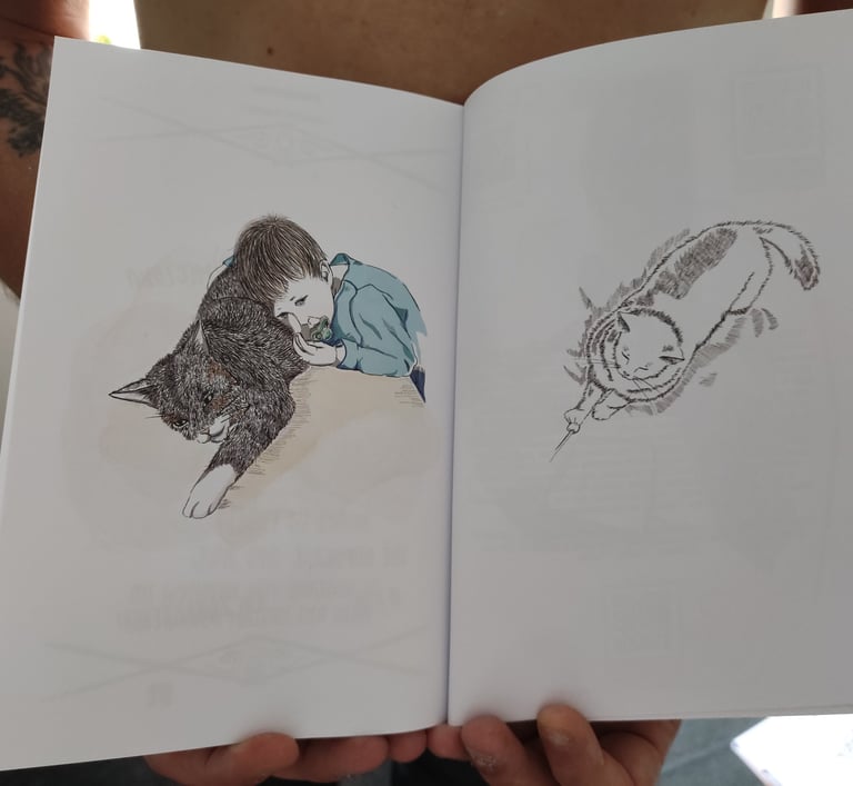 a person holding a book with a drawing of a cat