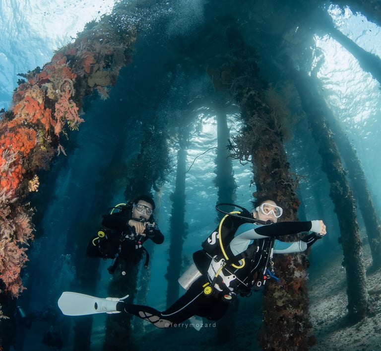 Two scuba divers swim through coral-covered pier pilings in clear blue tropical ocean water.