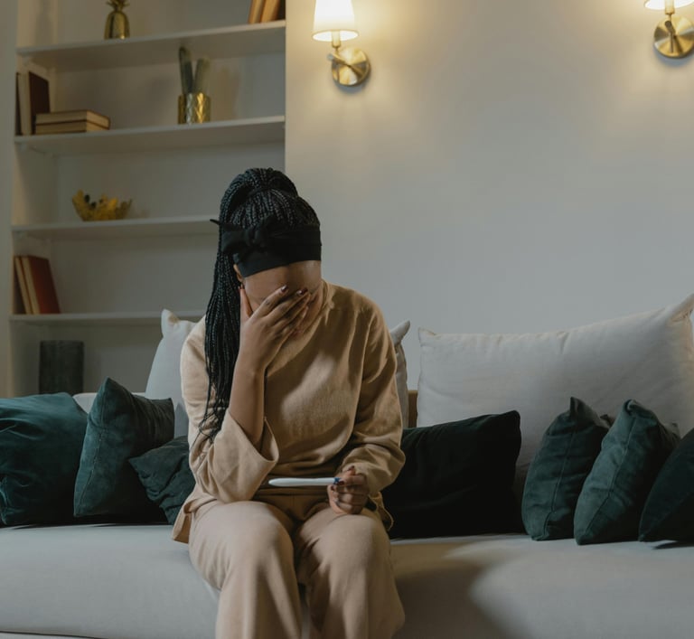 Femme assise sur un canapé avec la main sur le front regardant un test de grossesse