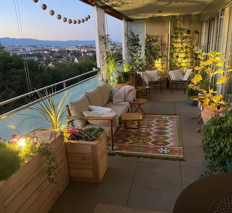 a balcony with a couch and chairs and a rug