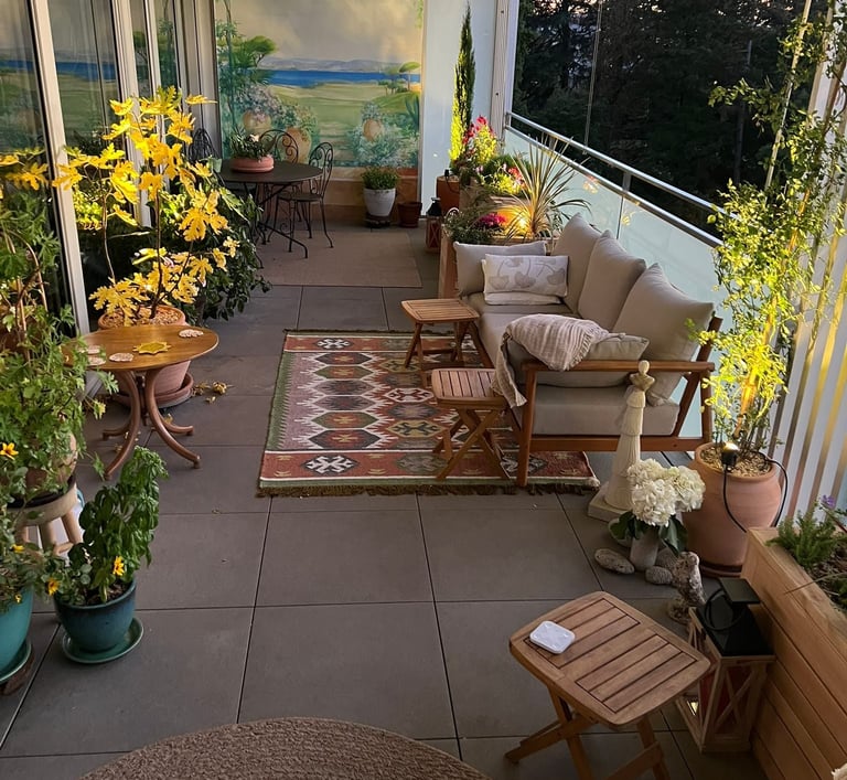 a patio with a couch and chairs and a rug