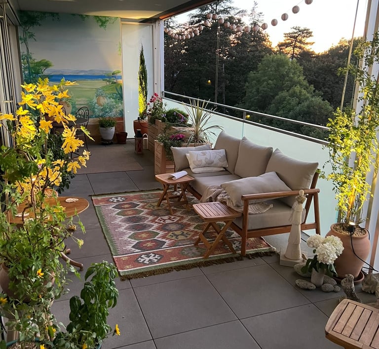 a patio with a couch and chairs and a rug
