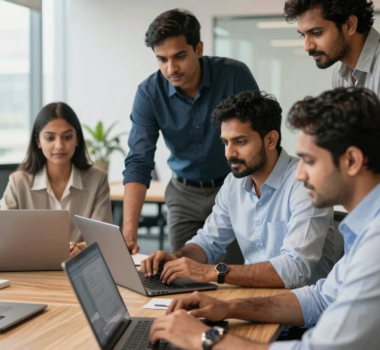 A group of diverse South Asian IT professionals collaborating in a bright, modern open-plan office in India. They are gathered around a sleek wooden desk with high-end laptops, conveying a sense of teamwork and premium quality.