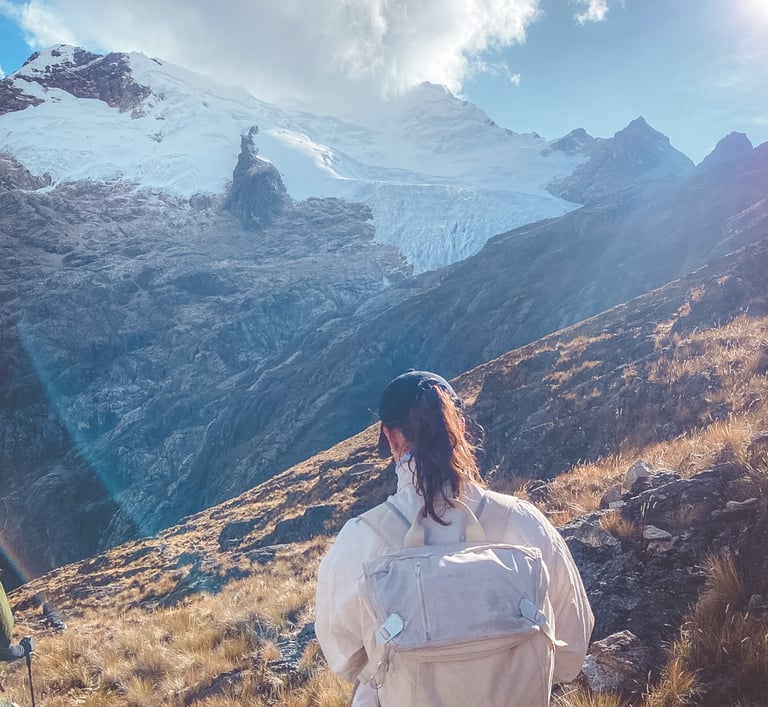 Girl hiking to Laguna 69 in Huaraz, Peru, South America 