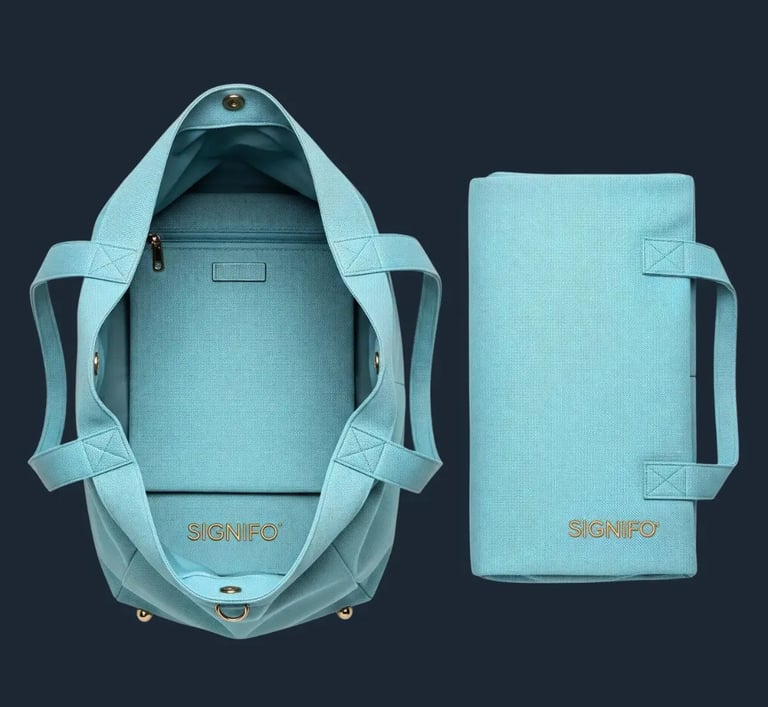 Tas tote SIGNIFO ringan warna Laguna yang dapat dilipat, sempurna untuk kebutuhan travel dan liburan mewah.