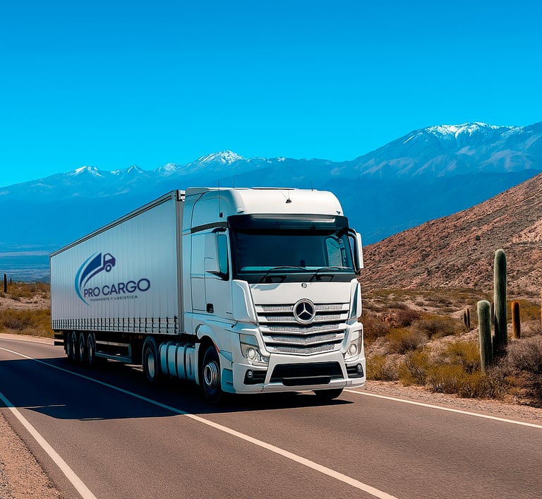 Camión de Pro Cargo cruzando la ruta en provincia de Salta, Argentina.