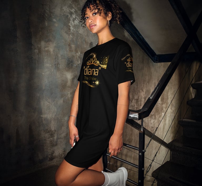 a woman in a black dress with "diana - The Show" Gold Logo