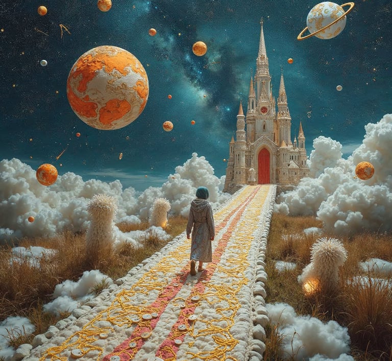 Mystic 2.5. A surreal scene in a universe where everything is made of embroidery and vibrant threads