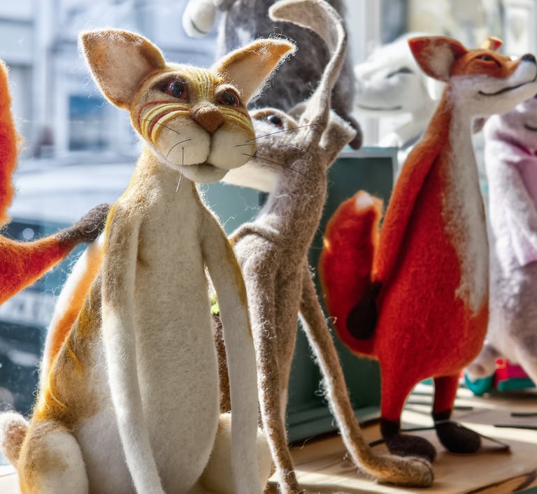 a group of felt animals sitting on a window sill