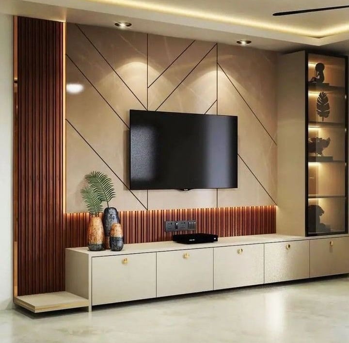 tv unit for luxury room with elegant lighting and panaling with natural view