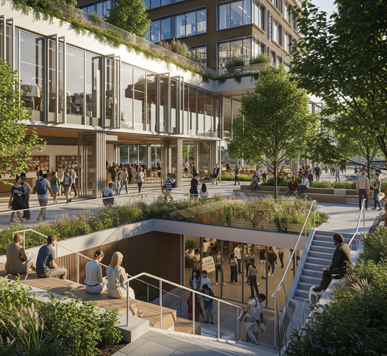 Elevated green spaces on buildings that serve as community hubs and enhance biodiversity