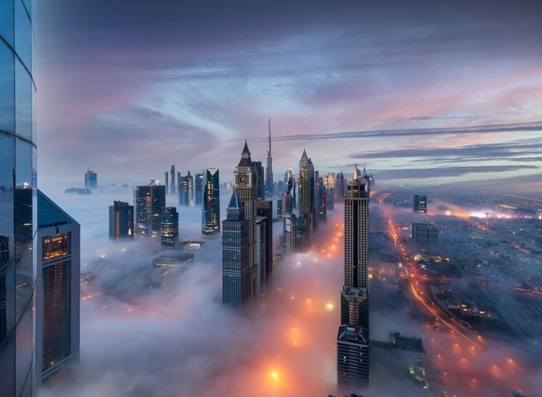 a city skyline with skyscrapers and clouds dubai