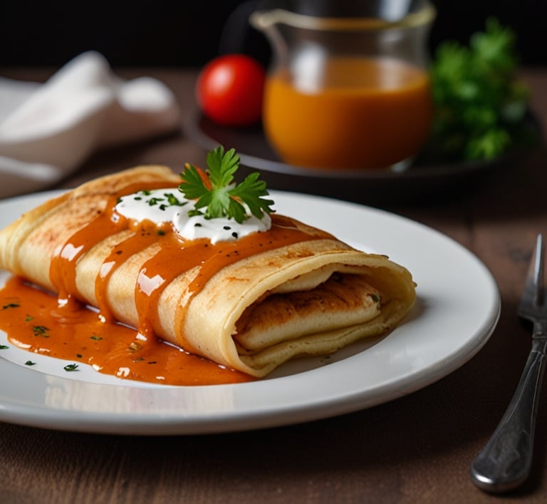 Hortobagyi stuffed pancake (with chicken and sauce)/Hortobágyi húsos palacsinta (csirkehússal, öntet