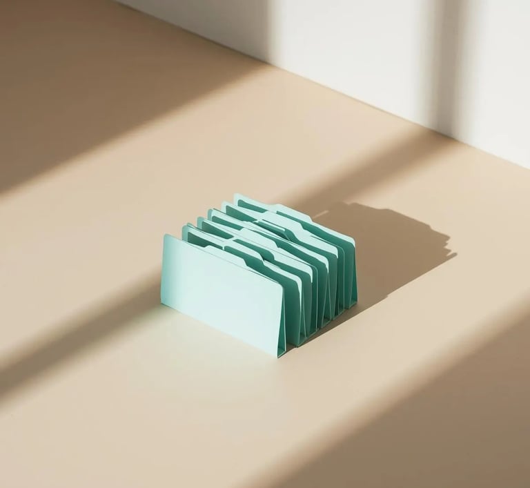 Separadores turquesa apilados sobre mesa beige; términos claros sin jerga