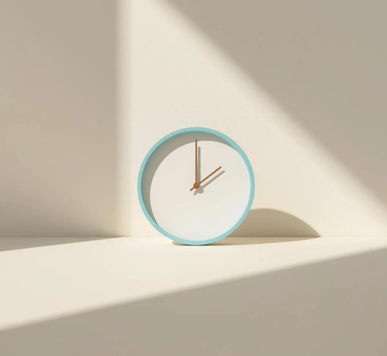 Reloj circular turquesa marcando dos minutos sobre mesa beige; idea de calma rápida.