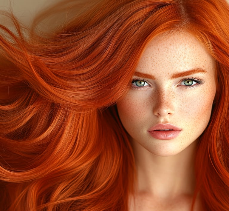 a woman with flamboyant red hair with gradient