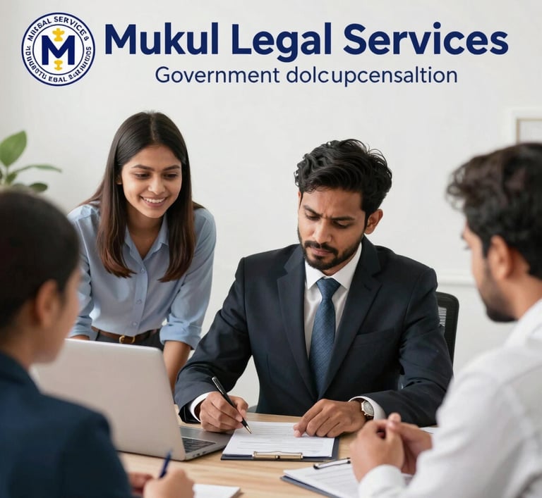 A professional lawyer consulting with clients over legal documents in a bright, modern office.