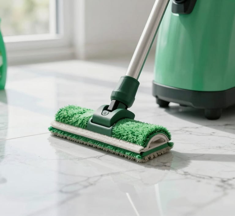 Close-up of professional cleaning equipment and eco-friendly products on a polished marble floor, bright natural light reflecting off clean surfaces, forest green accents