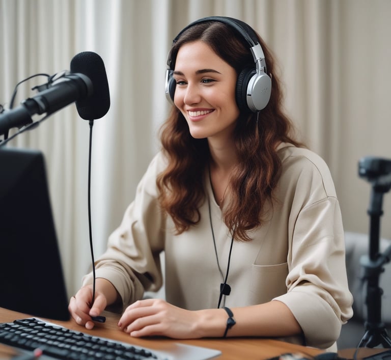 A cozy home office setup with educational books and a microphone for podcast recording.