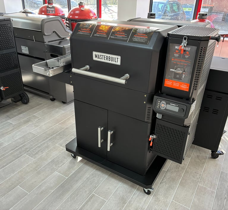 A black Masterbuilt Gravity Series digital charcoal grill and smoker on display in a showroom.