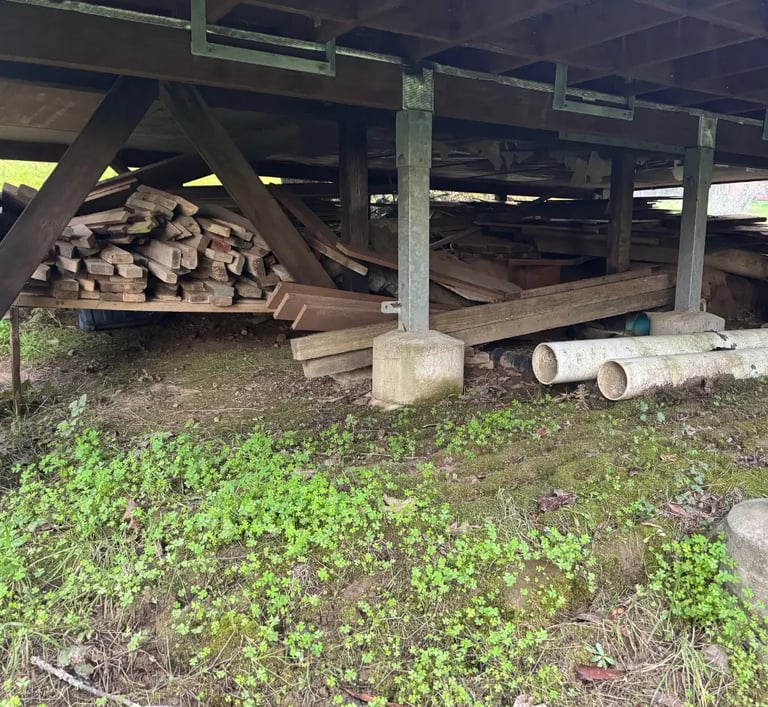 proper clean out of large wood pile under a house