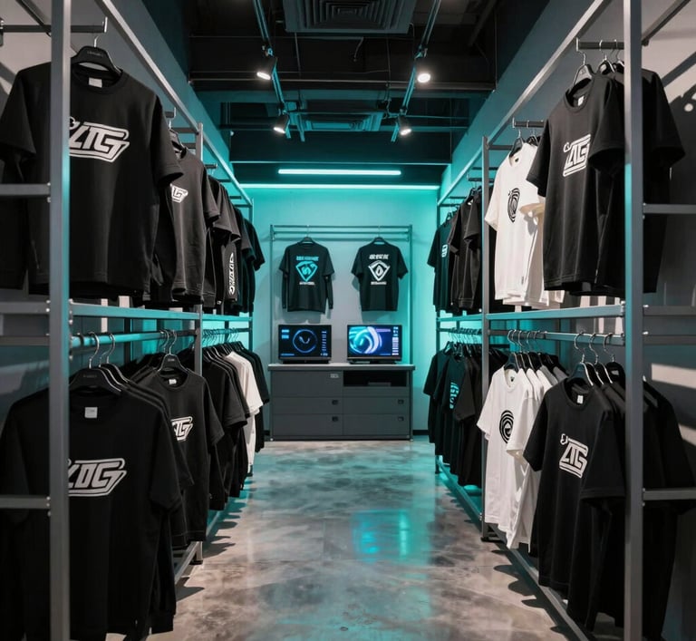 Wide atmospheric shot of a modern gaming shop interior with custom branded apparel hanging on industrial steel racks under cool teal lighting.