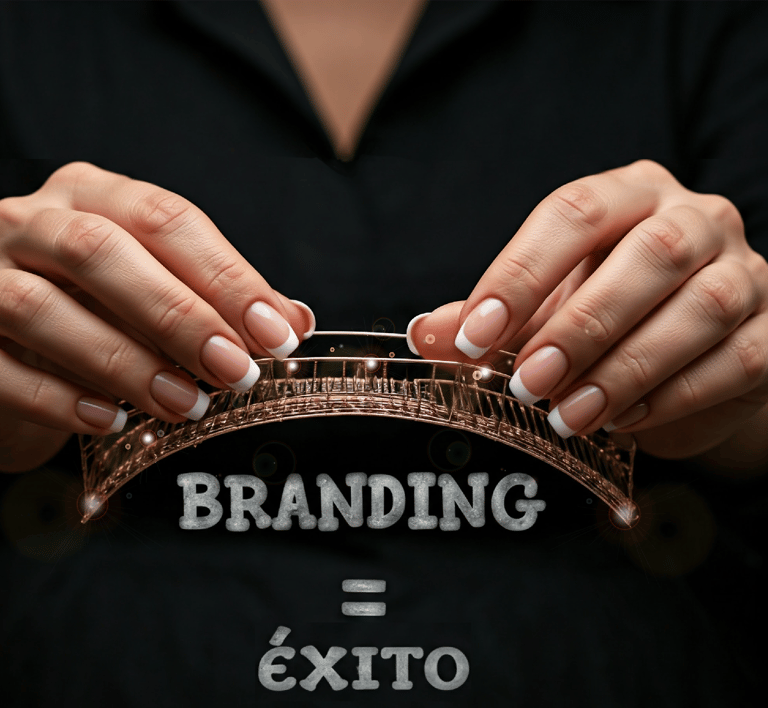 Manos mujer sosteniendo un puente brillante simbolo exitomensaje 'Branding = Éxito'  destaca
