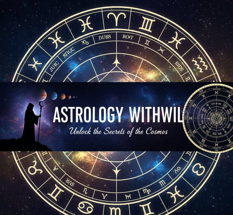 Image for Astrology WithWil, mystical vibe, planetary and zodiacal symbols are used.