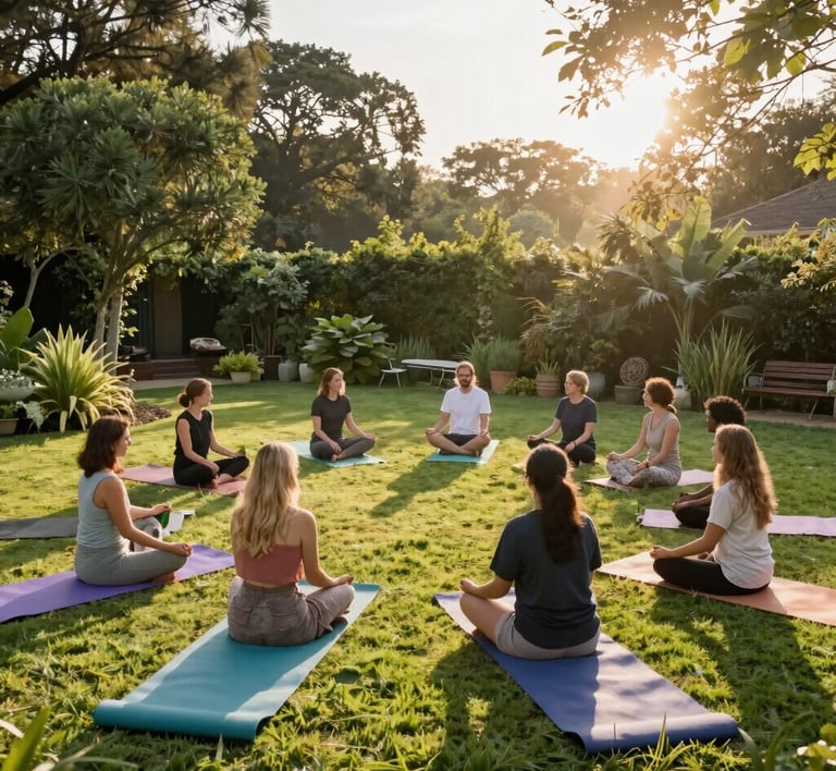 A serene terrace bathed in warm afternoon light with comfortable seating and lush greenery.