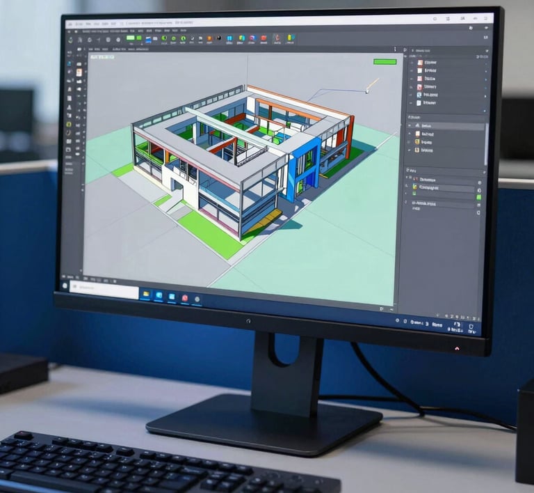 Photography of a professional BIM workstation in a North American / US office, showing a monitor with a complex color-coded 3D structural model, sleek design with royal blue and dark slate blue ambient light.