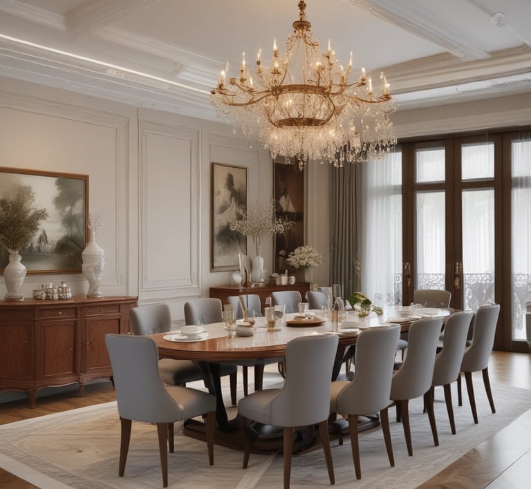 An elegant dining table set with matching chairs.