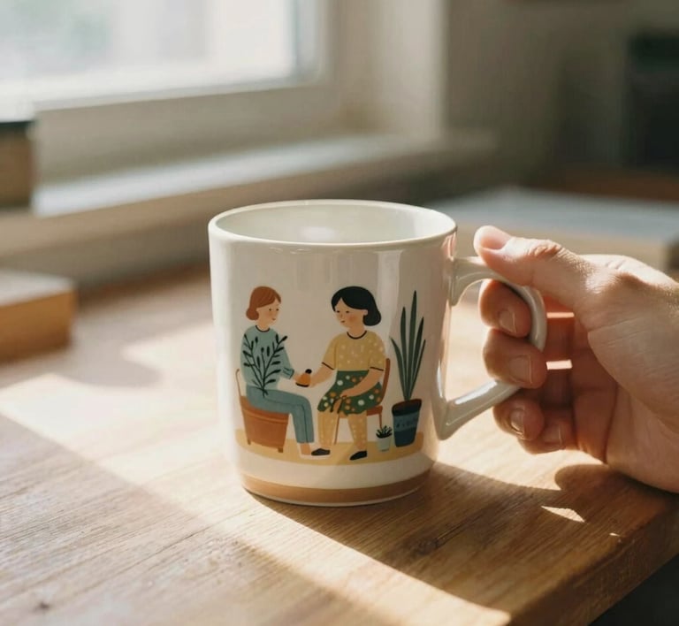 Close-up of a hand holding a beautifully printed ceramic mug with a custom illustration, warm morning sunlight streaming through a window, soft focus on a wooden workshop table.