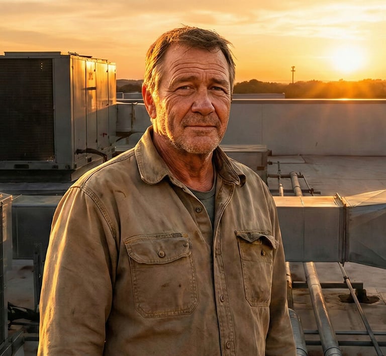 An HVAC business owner standing on a rooftop at sunset, symbolizing a successful business exit and retirement.
