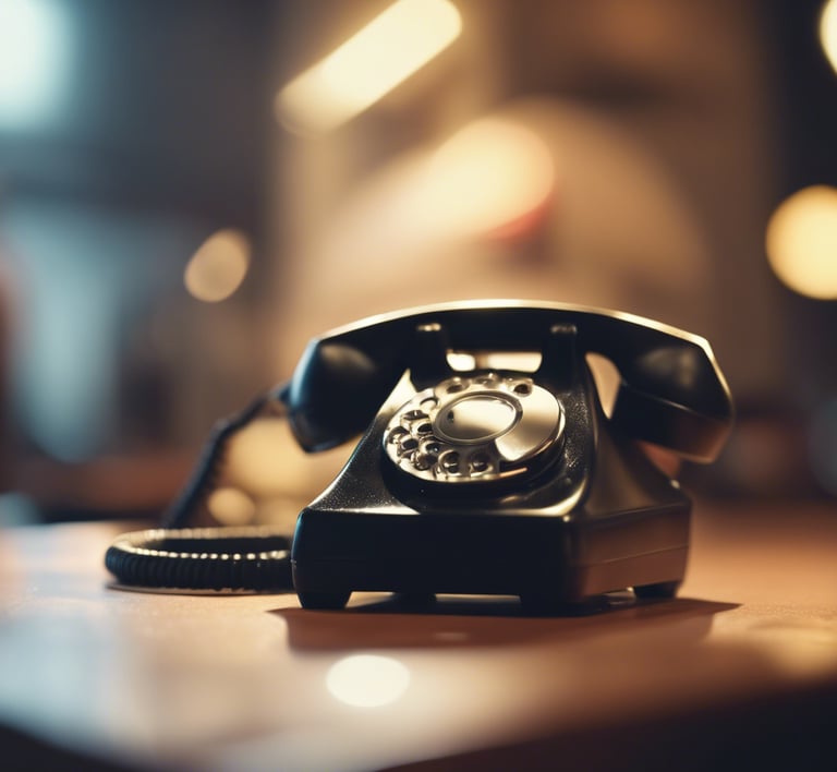 a black telephone phone with a black phone in front of a table