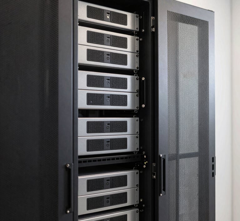 Clean server rack in a quiet modern server room, soft diffused architectural daylight, desaturated slate and silver tones, medium format