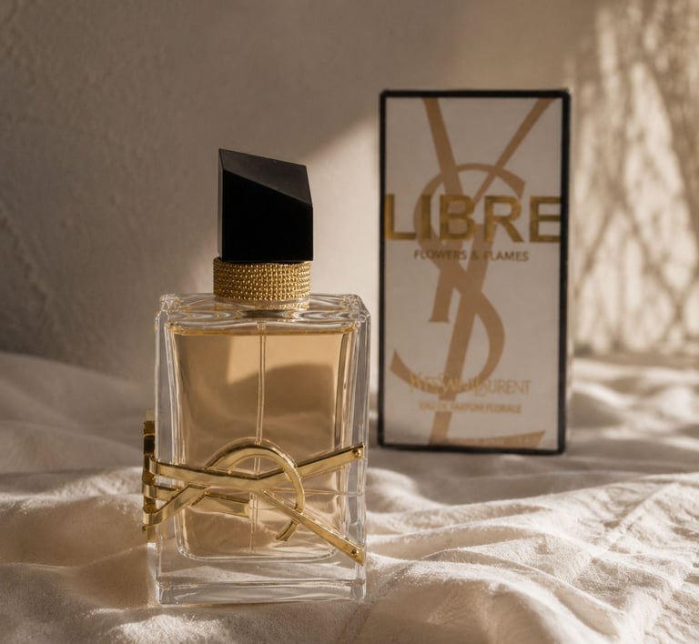 YSL Libre Flowers & Flames perfume bottle with luxury packaging on soft fabric background.