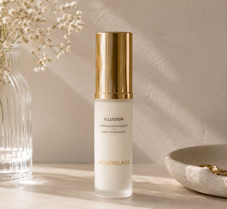 Hourglass priming moisturizer with gold packaging on a soft beige background.
