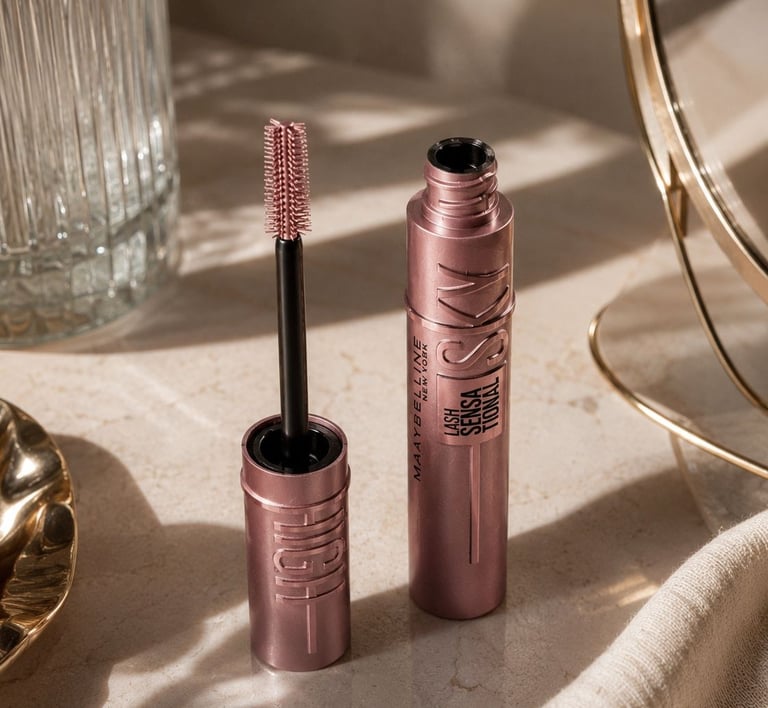 Luxury flatlay of Maybelline Sky High Mascara with soft beige tones, natural lighting, and elegant.