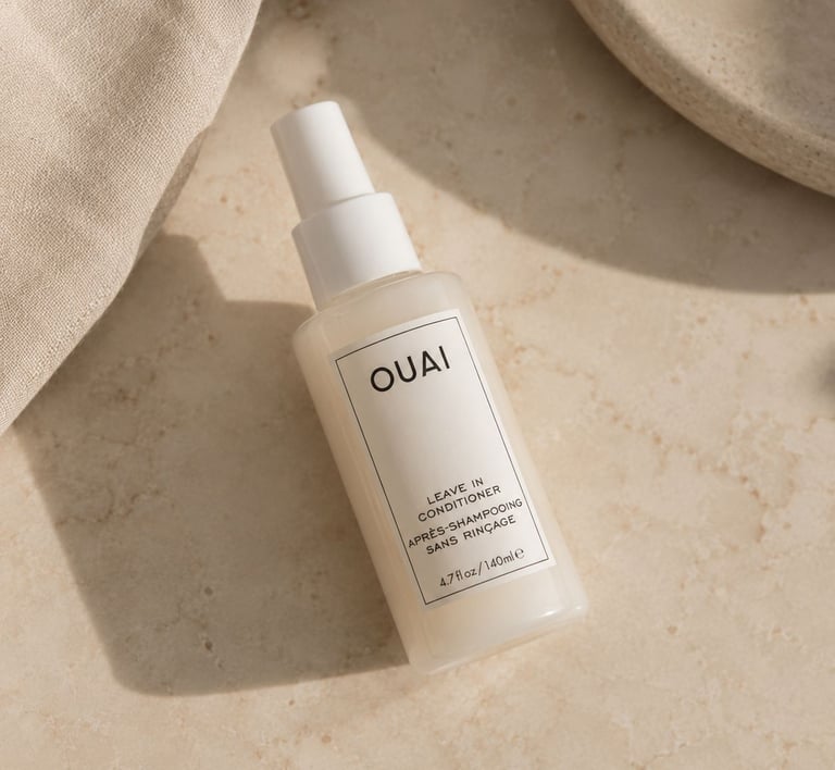 OUAI leave in conditioner bottle with neutral luxury aesthetic