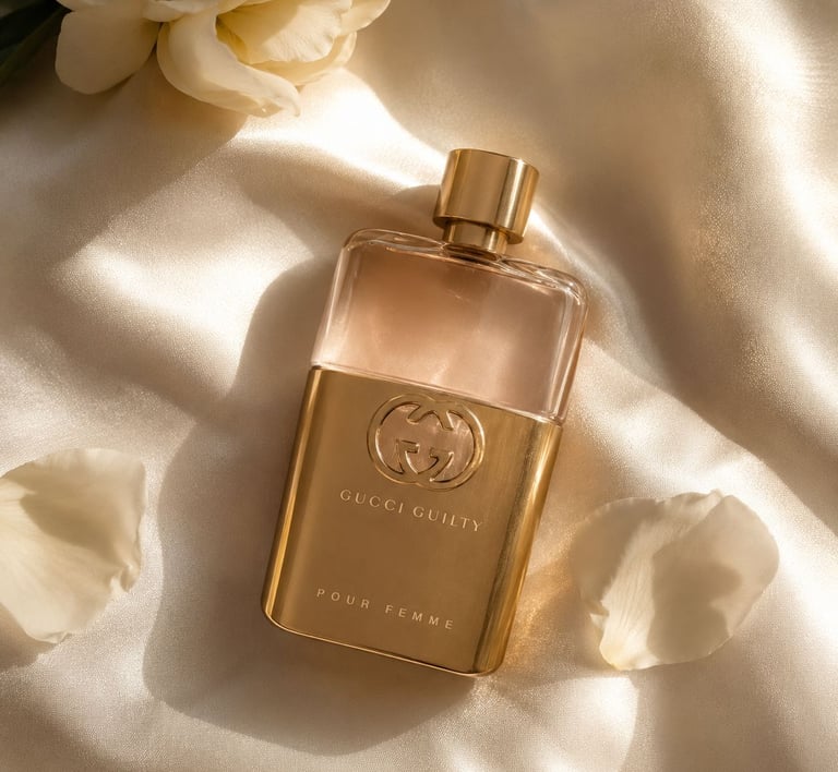 Luxury Gucci Guilty perfume bottle with soft natural light and a neutral aesthetic background.