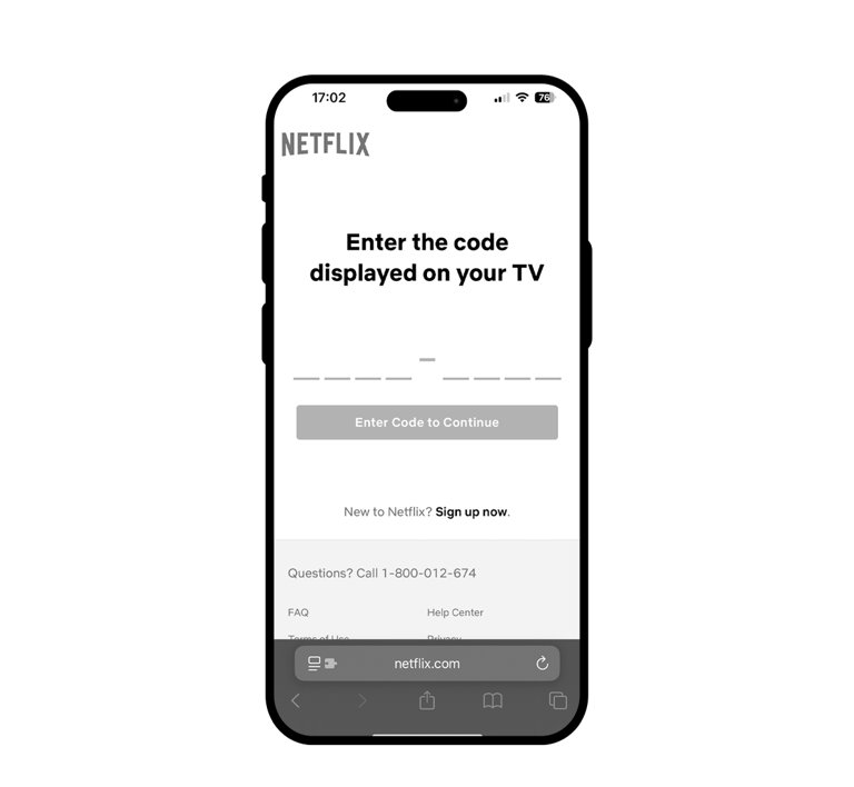 Mobile screen showing Netflix code entry for casting